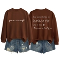 Dark brown crewneck sweatshirt with 'you are enough' print and blue ripped denim shorts - S / Coffee (White Font)