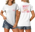 Front and back view of white cotton T-shirt with pink SWIM MOM and WHAT HEAT ARE THEY ON print - White