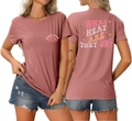 Detailed back and front views of cotton T-shirt featuring SWIM MOM and What Heat text - Rose Gold