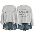 Front and back view of light grey crewneck sweatshirt with inspiring quote and denim shorts - S / Grey (Black Font)