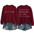 Detail of burgundy crewneck sweatshirt with white you are enough text and denim shorts - S / Wine Red (White Font)