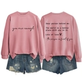 Close-up of pink crewneck sweatshirt with 'you are enough' print and ripped denim shorts - S / Rose Gold (Black Font)