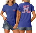 Front and back detail of navy t-shirt with Swim Mom and What Heat Are They On print - Vintage Blue