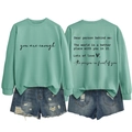 Front and back detail of a mint green sweatshirt with You are enough text and denim shorts - S / Light Green (Black Text)