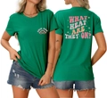 Close-up of green cotton tee with pink 'What Heat Are They On?' text and swim goggles print - Dark Green