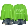 Detail of green crewneck sweatshirt with 'you are enough' text and denim shorts set - S / Neon Green (White Font)