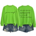 Neon green sweatshirt with inspirational back print paired with distressed denim shorts - S / Neon Green (Black Font)