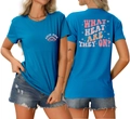Front and back view of blue Swim Mom t-shirt with What Heat Are They On? back print - Lake Blue