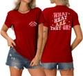Front and back view of red Swim Mom T-shirt with What Heat Are They On graphic print - Red
