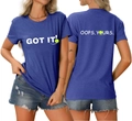 Vorder- und Rückseite des dunkelblauen T-Shirts mit Got It und Oops Yours Druck - S / Oberteile / Retroblau (WeiBer Druck)