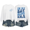 White Boy Mom Era crewneck sweatshirt with blue back print and denim shorts outfit - White