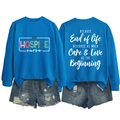 Detail of royal blue sweatshirt showing ribbed neckline and Hospice Nurse graphic print - Lake Blue (White Print)