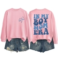 Front and back view of pink Boy Mom Era sweatshirt with vintage letter print - Pink