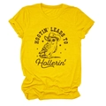 Detail of yellow cotton T-shirt featuring retro owl print and western typography - Yellow