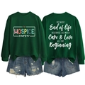 Detailed front and back view of dark green sweatshirt with Hospice Nurse heart print - Dark Green (White Print)