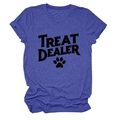 Close-up of Treat Dealer graphic print and paw motif on indigo casual cotton T-shirt - S / Tops / Retro Blue (Black Graphic)