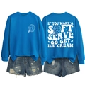 Front and back view of blue crewneck sweatshirt with retro soft serve text and ripped shorts - Lake Blue (White Graphic)