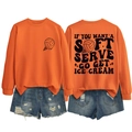 Flat lay of orange sweatshirt with volleyball ice cream print and slogan on back - Orange (Black Letters)