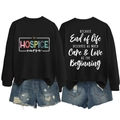 Detailed views of hospice nurse sweatshirt with colorful front print and back text - Black (White Print)