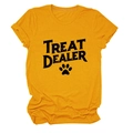 Detail of mustard yellow crew neck t-shirt with black TREAT DEALER text and paw print - S / Mustard Yellow (Black Letters)