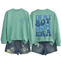 Front and back detail of mint green sweatshirt with In My Boy Mom Era blue print - Light Green