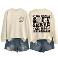 Detailed view of white sweatshirt with volleyball ice cream print and back text graphics - Sand (Black Letters)