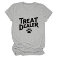 Detailed close-up of grey short-sleeve T-shirt featuring Treat Dealer text and paw print - S / Tops / Light Grey (Black Text)
