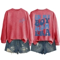 Flat lay of Boy Mom Era sweatshirt with vintage back print and ripped denim shorts - Red