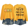Women's yellow hospice nurse sweatshirt with denim shorts set front and back view - Yellow (Black Print)