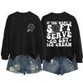 Front and back view of black crewneck sweatshirt with retro soft serve print and denim shorts - Black (White Letters)