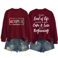 Front and back view of a burgundy long-sleeve sweatshirt with Hospice Nurse print and denim shorts - Wine Red (White Print)