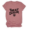 Detail of rolled cuffs and distressed Treat Dealer print on a mauve crewneck tee - S / Tops / Rose Gold (Black Text)