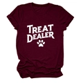 Detailed view of burgundy crew neck t-shirt with Treat Dealer text and paw print print - S / Tops / Wine Red (White Text)