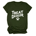 Detailed flat lay of an olive green cotton t-shirt featuring Treat Dealer text and paw print - S / Tops / Army Green (White Text)