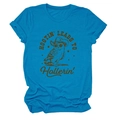 Detail of bright blue cotton T-shirt featuring a cowboy owl print and folded sleeve cuffs - Lake Blue