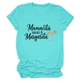 Détail du t-shirt turquoise en coton avec imprimé Mamacita et manches à revers décontractées - S / Bleu Eau Profonde (Texte Noir)