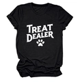 Close-up of the cotton fabric texture and bold Treat Dealer print on a black T-shirt - S / Tops / Black (White Text)