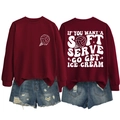 Detailed front and back view of burgundy soft serve print sweatshirt with denim shorts - Wine Red (White Letters)