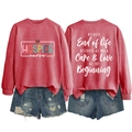 Detailed view of pink long sleeve sweatshirt with Hospice Nurse and End of Life back print - Red (White Print)