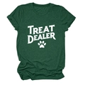 Detail of forest green crew neck t-shirt featuring Treat Dealer text and paw print - S / Tops / Retro Green (White Text)
