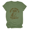Flat lay of green t-shirt featuring a retro owl wearing a cowboy hat with hootin text - Olive Green