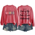 Front and back views of a red crewneck sweatshirt with 'HOSPICE nurse' leopard heart design - Red (Black Print)