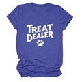 Detailed close-up of blue crewneck T-shirt with Treat Dealer text and paw print design - S / Tops / Vintage Blue