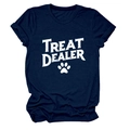 Detail of Treat Dealer text and dog paw print on navy blue round neck cotton T-shirt - S / Tops / Navy Blue