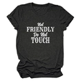 Detail of distressed white text print Not FRIENDLY Do Not TOUCH on dark gray t-shirt - S / Black Heather Grey