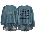 Detailed front and back views of teal sweatshirt with Hospice Nurse print and quote - Blue (Black Print)