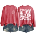 Flat lay of pink crewneck sweatshirt with 'soft serve' print and distressed denim shorts - Red (White Letters)