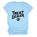 Close-up of the light blue crew neck t-shirt with Treat Dealer text and paw print - S / Tops / Light Blue (Black Print)