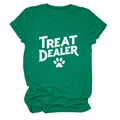 Detail of emerald green cotton T-shirt featuring white Treat Dealer text and paw print - S / Tops / Dark Green (White Paw Print)