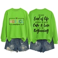 Detailed front and back view of green hospice nurse sweatshirt with denim shorts - Fluorescent Green (Black Print)